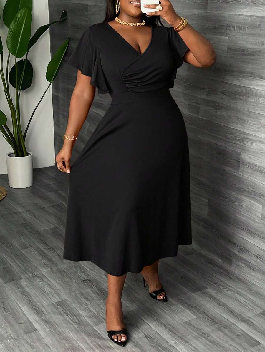 Slaydiva Vestido midi tipo A con fruncidos, cuello cruzado y mangas con volantes para mujer talla grande, elegante y para fiestas y uso diario - C - Negro - Ver 1