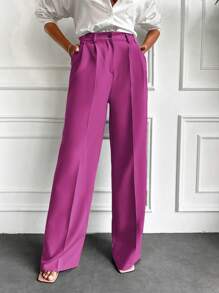 EURMUSE Solid Slant Pocket Wide Leg Suit Pants - Burgundy - View 5