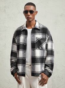 Business Casual Men's Woven Plaid Loose Casual Turndown Collar Jacket, For Fall Winter - Black and White - View 1