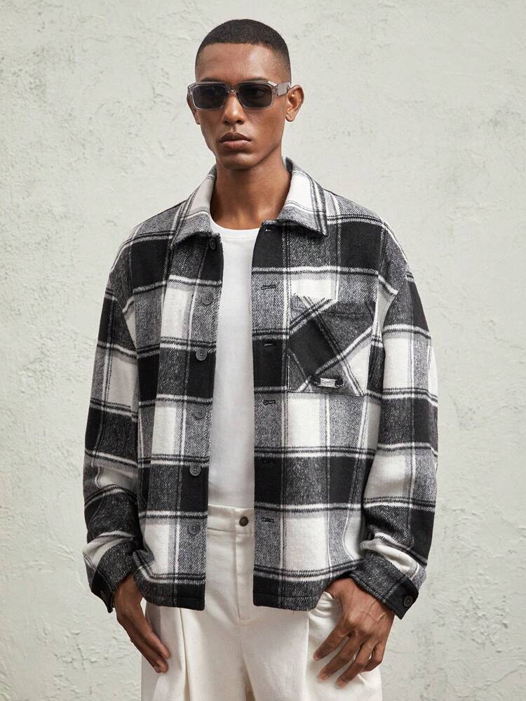 Veste décontractée ample à col rabattu en tissu à carreaux pour homme, pour l'automne et l'hiver