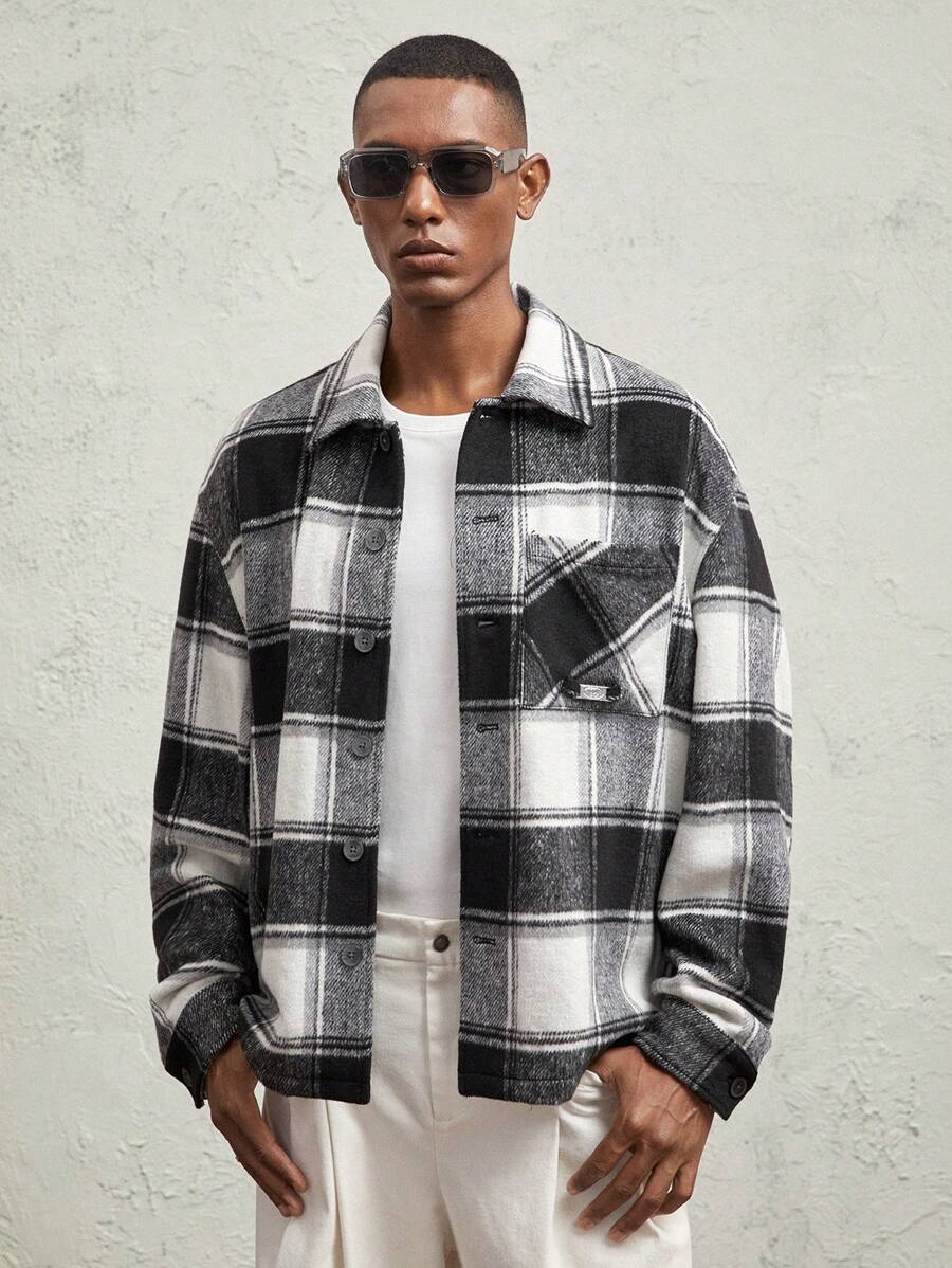 Business Casual Men's Woven Plaid Loose Casual Turndown Collar Jacket, For Fall Winter - Black and White - View 1
