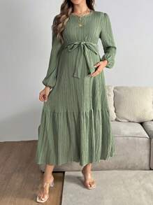 SHEIN Maternity Solid Round Neck Long Sleeve Tie Front Midi Dress - Mint Green - View 3