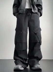 Manfinity EMRG Men's Black Denim Cargo Pants, Baggy Jeans - Black - View 7