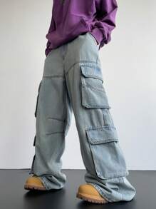 Manfinity Roghcode Y2K Vintage Streetwear 男士浅蓝色洗水牛仔裤多口袋宽松阔腿宽松牛仔裤纯色浅蓝色洗水工装牛仔裤，适合送给老公、男朋友的礼物 - 淺色水洗藍 - 查看 6
