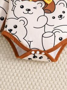 SHEIN 3 Peças Conjunto de Outono e Inverno para Recém-Nascido Menino, Bodysuit de Manga Longa + Calça + Chapéu com Estampa de Urso, Decoração com Laço, Fofo e Aconchegante para Uso Interno e Externo - Castanho - Visão 5