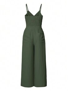 EMERY ROSE 2pcs Women Summer Casual Solid Color Spaghetti Strap Top And Tie Waist Pants Set - Army Green - View 2