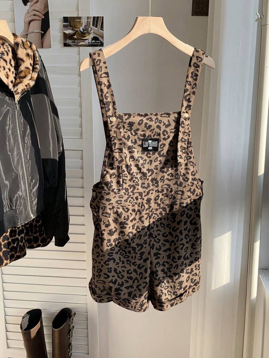 Comfortcana 棕色编织女式字母豹纹印花吊带休闲连体衣 - 棕色 - 查看 1