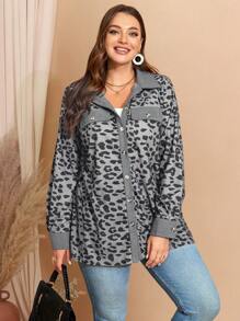 EMERY ROSE Plus Size Casual Corduroy Leopard Print Jacket, Autumn & Winter - Multicolor - View 4