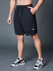 Manfinity Fitness Pantalones cortos deportivos de estilo novio con estampado simple, pantalones de chándal de verano, pantalones cortos negros - Negro - Ver 4