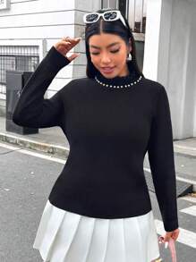 Flirla Plus Size Casual Faux Pearls Decor Stand Collar Sweater For Spring & Fall Knit Pullover Fall Winter - Black and White - View 4