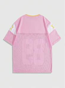 ROMWE MEN Street Life Men Color Block Printed Short Sleeve Football Jersey Style T-Shirt - Pink - View 2