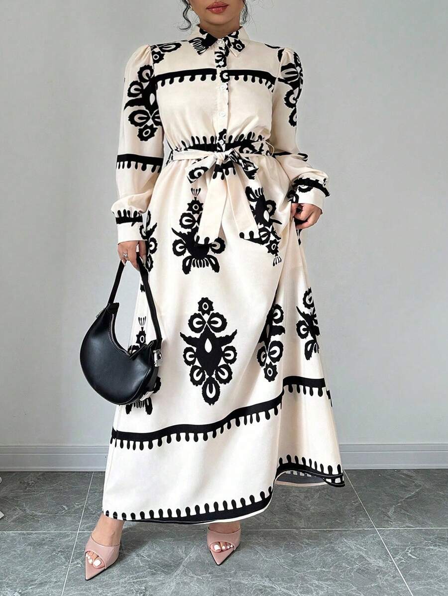 Flirla 加大码长袖抽绳腰部印花休闲宽松优雅连衣裙长款女装 - 杏色 - 查看 1