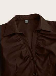 Sweetra V 领褶皱镂空修身短袖衬衫，女士时尚办公服装女式衬衫