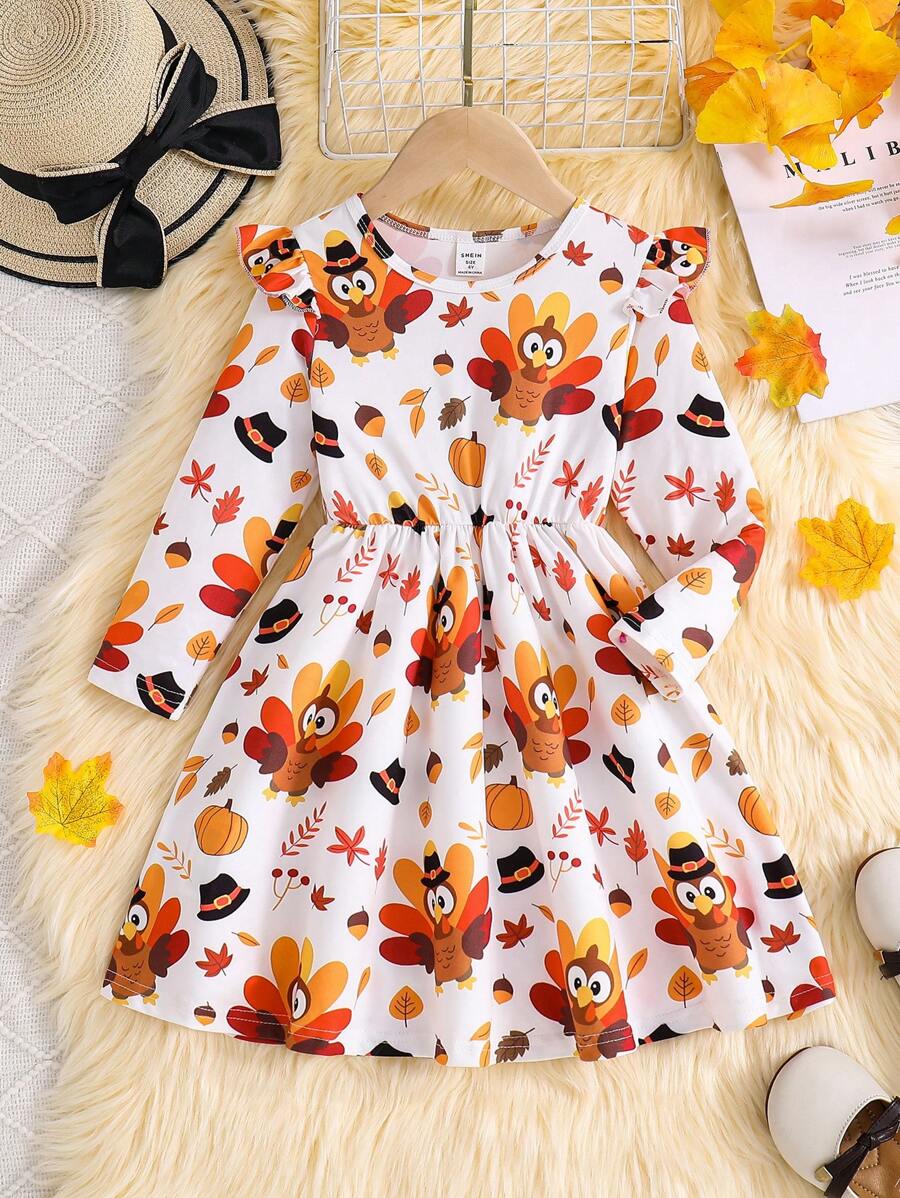 SHEIN Váy dài tay cổ tròn họa tiết hoạt hình gà tây cho bé gái mùa thu - trắng - Xem 1