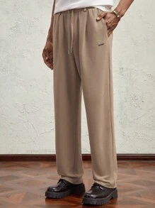 AKNOTIC Business Casual 男式针织松紧腰中腰直筒休闲裤 - 金属点缀，卡其色带字母