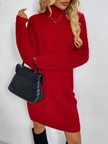 SHEIN LUNE Vestido de Navidad de manga larga con cuello alto, de parches unicolor casual, rojo chino para otoño/invierno - Rojo - Ver 4