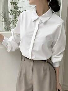 DAZY 纯色隐形纽扣前襟衬衫，女士休闲纽扣长袖领口常规版型常规白色常规袖衬衫女式衬衫，春季/秋季，职业/商务装/工作服，长袖上衣，返校服 - 白色 - 查看 10
