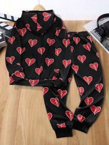 Manfinity LEGND 2pcs/Set Men Heart Graphic Hooded Sweatshirt And Pants Tracksuits - Multicolor - View 2