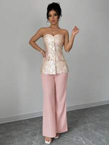 Elenzga 2 件套女士优雅全印花正面纽扣背心和纯色裤子套装