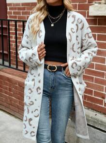 Chiquease Women's Leopard Print Drop Shoulder Long Sleeve Pocket Loose Casual Cardigan