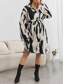 SHEIN Maternity Allover Print Belted Shirt Dress - Black and White - View 6