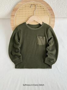 Cozy Pixies Young Boy Casual Solid Color Front Pocket Round Neck Long Sleeve Pullover - Blue - View 8