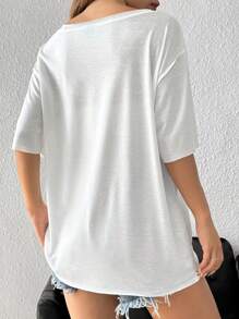 Muchica 休闲美国国旗图案超大落肩女式 T 恤，适合夏季 - 白色 - 查看 2