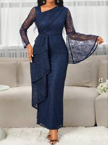 SHEIN Lady Four Season Wedding Guest Dress Elegant Lace Asymmetrical Neckline Bell Sleeves Ruffled Trim Slim Fit Women's Dress - Navy Blue - View 4