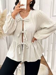 SHEIN Frenchy Áo sơ mi babydoll thắt nơ sọc cỡ lớn thường ngày - Màu be - Xem 6