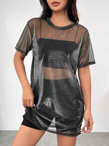 SHEIN EZwear 女式网眼透视 V 领短袖迷你连衣裙 - 黑色 - 查看 4