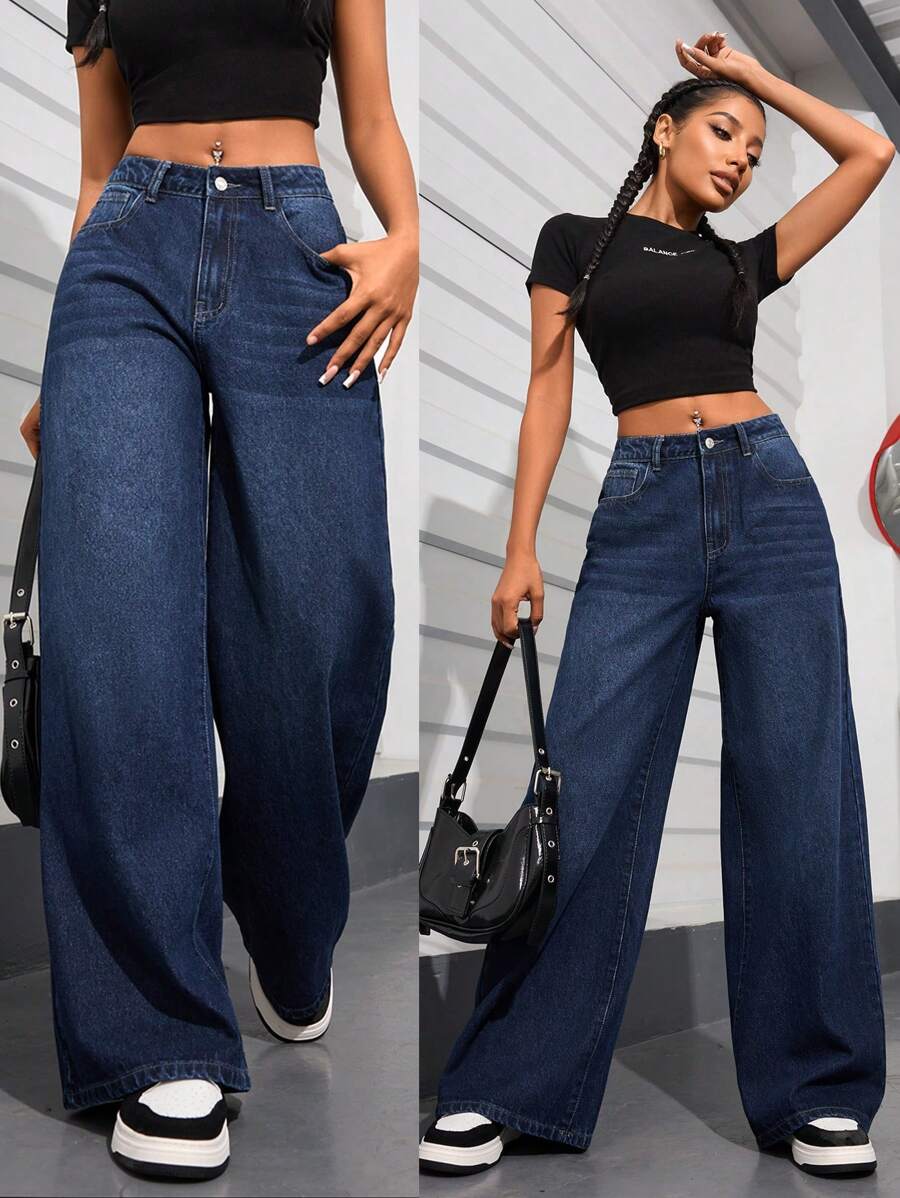 SHEIN PETITE 休闲破洞阔腿牛仔裤 - 深色水洗藍 - 查看 1