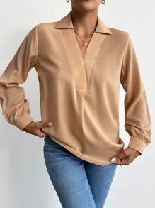 EURMUSE V-collar Lantern Sleeve Solid Top - Apricot - View 4