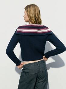 Maija Women's Collegiate Chic Casual Comfortable Fitted Zippered Collared Sweater - Navy Blue - View 3
