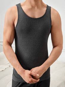 Men Solid Color Crew Neck Undershirt, Sleeveless - Dark Grey - View 6