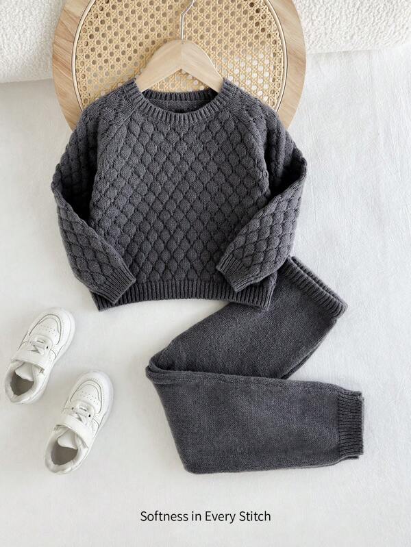 Cozy Pixies 2 piezas/Set Suéter de cuello redondo de manga larga informal y conjunto de pantalones de punto para niño joven
