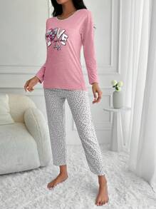 EURMUSE 女士圆领字母印花长袖上衣和全身印花长裤睡衣套装