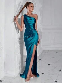 ADYCE 女士优雅单肩褶皱高开衩鸡尾酒礼服，适合跳舞、正式晚宴、盛大派对、婚礼宾客礼服、毕业典礼、正式派对等场合。