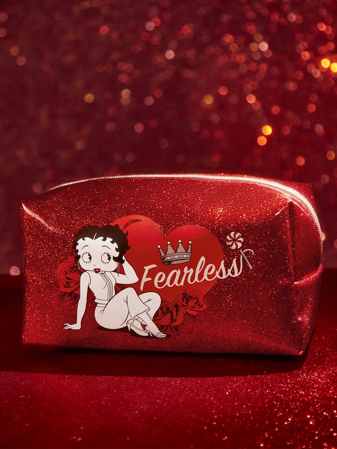 Betty Boop x SHEIN Bolsa de maquillaje grande cuadrada con estampado de personajes de dibujos animados y letras en forma de corazón, regalo