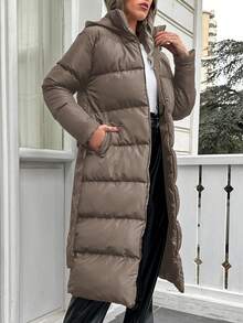 EURMUSE Women's Casual Solid Color Hooded Padded Coat - Mocha Brown - View 4