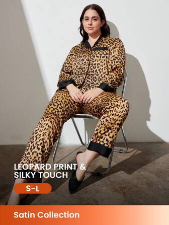 LUVLETTE Sexy Leoparden-Muster Satin Damen Langzeit-Pyjama-Set Loungewear-Sets Wäsche
