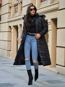 EURMUSE Fur Detailed Zigzag Designed Wintercoat - Black - View 6