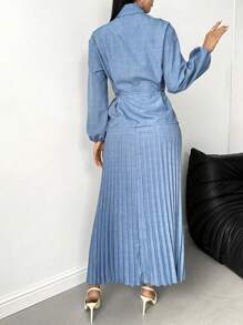 SHEIN Clasi Bộ 2 món cổ áo quấn quyến rũ thanh lịch, tay dài - Màu xanh lam - Xem 2