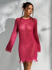 SHEIN Unity Women's Solid Color Round Neck Sheer Long Sleeve Casual Elegant Dress - Hot Pink - View 5