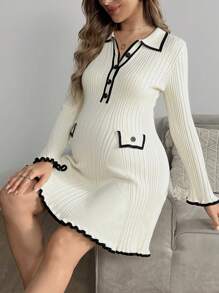 SHEIN Maternity Colorblock Ribbed Trim Front Button Elegant Long Sleeve Sweater, For Winter