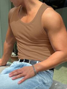 DAZY 男式厚圆领罗纹针织无袖背心 - 駝色 - 查看 7