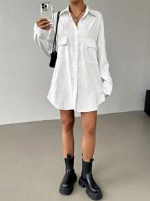 SHEIN EZwear Women's Button Collar Long Sleeve Pockets Striped Short Casual Dress - White - View 7