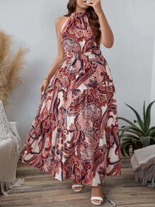 SHEIN LUNE 大码佩斯利印花系带吊带连衣裙优雅女士连衣裙秋装 - 紅色 - 查看 6