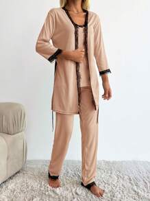 RueChic 100% 纯棉 3 件套女式蕾丝拼布蝴蝶结装饰吊带背心 + 长袖上衣 + 裤子睡衣套装 - 米色 - 查看 4