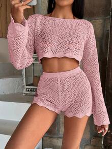 RueChic Hollow Out Cover Up Set, For Summer Beach Vacation - Pink - View 4