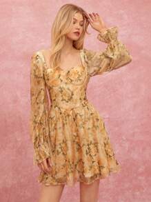 Enchnt Women's Floral Print Sweetheart Neck Long Sleeve Multi-Layered Lotus Leaves Dress,Beige Autumn Cottage Core Tea Party Fall Winter Clothing Dresses - Yellow - View 3
